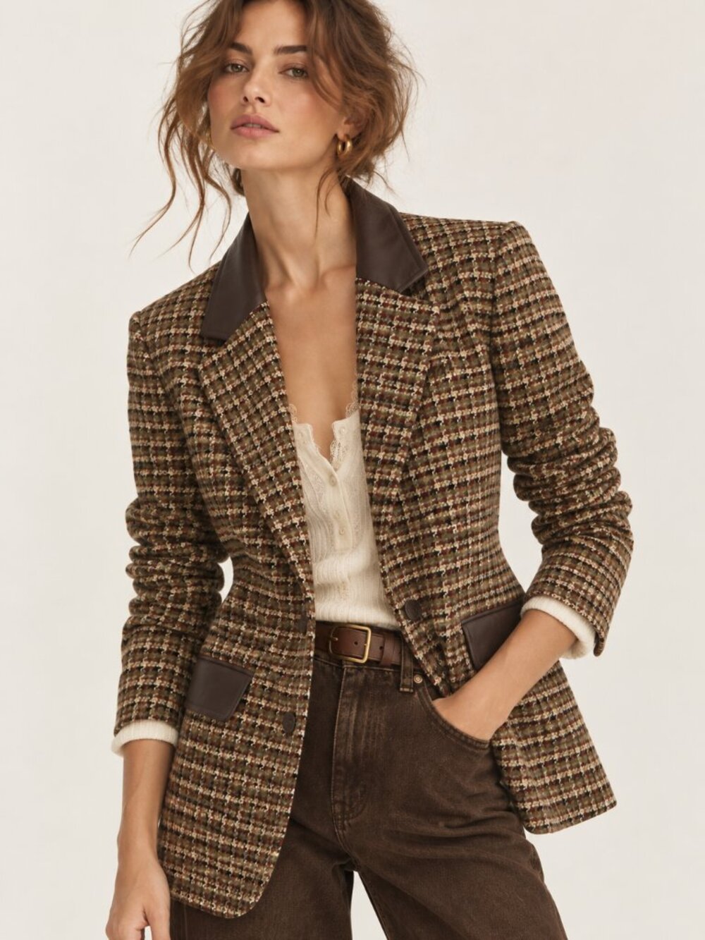 Steve Madden Wool Blend Plaid Tweed Blazer Jacket Faux Leather Trim Brown Size M